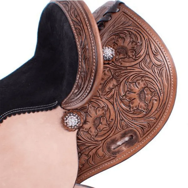 12", 13" barrel style saddle with floral tooling and iridescent crystal rhinestone conchos.~