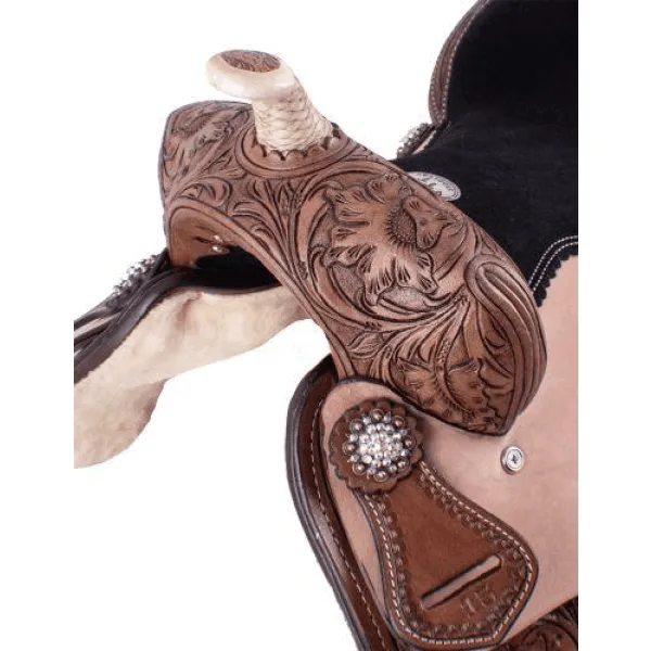 12", 13" barrel style saddle with floral tooling and iridescent crystal rhinestone conchos.~