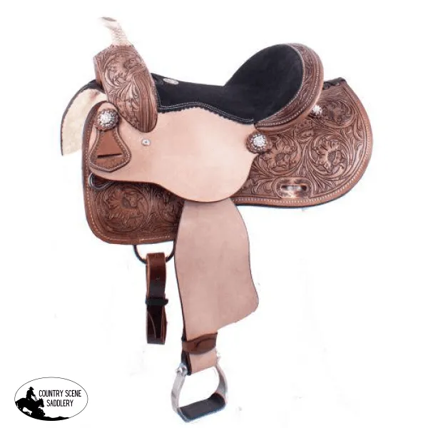 12", 13" barrel style saddle with floral tooling and iridescent crystal rhinestone conchos.~