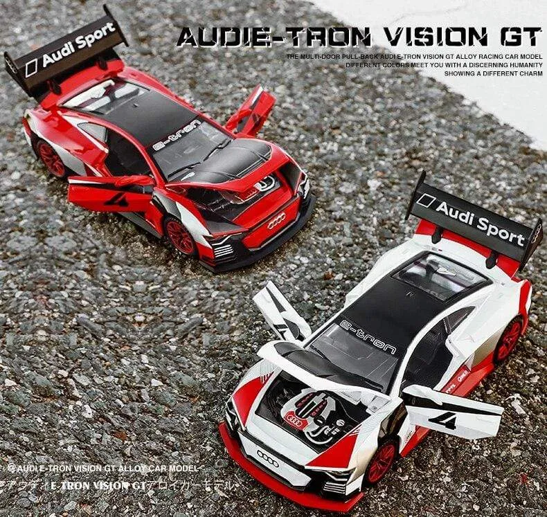 1:32 Audi car model GT Le Mans racing simulation alloy pull back sound and light door children's metal toy car Birthday boy gift