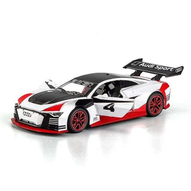 1:32 Audi car model GT Le Mans racing simulation alloy pull back sound and light door children's metal toy car Birthday boy gift