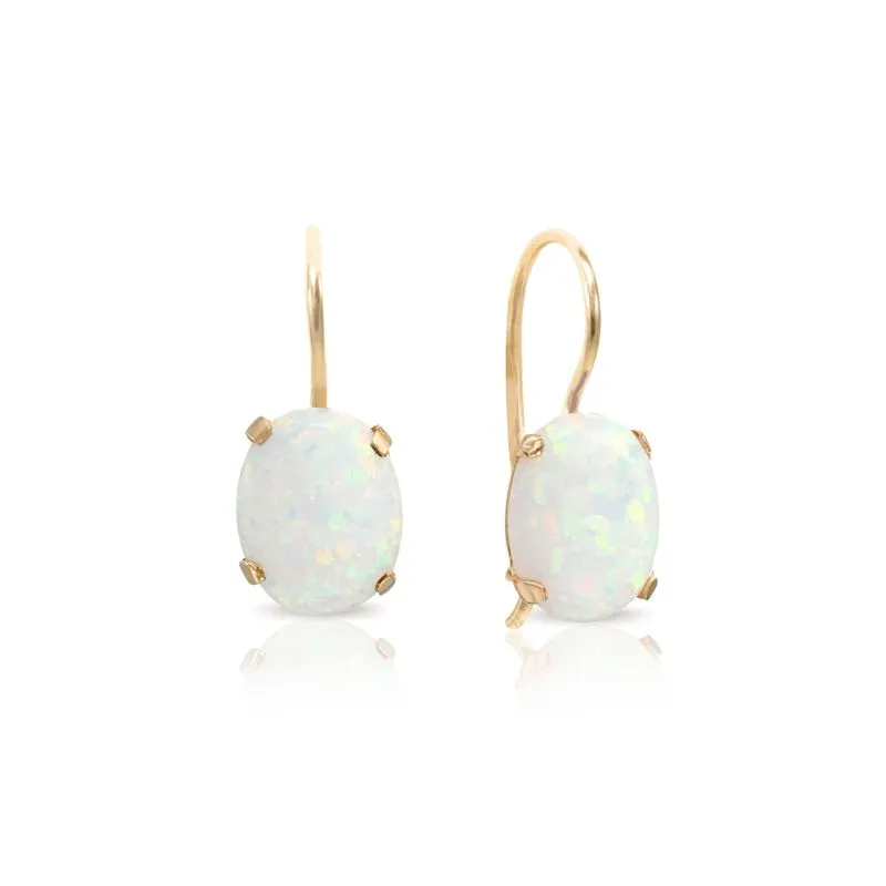 14K Yellow Gold Oval White Opal 6X8mm Dangle Earrings