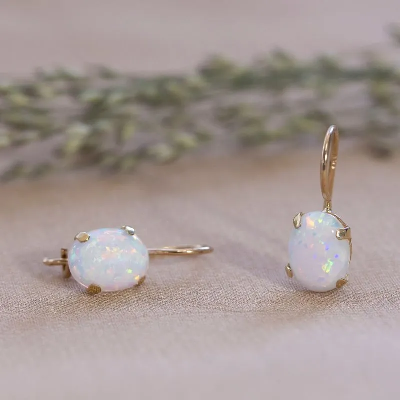 14K Yellow Gold Oval White Opal 6X8mm Dangle Earrings