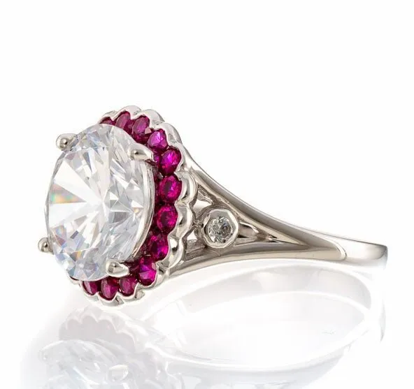 5 Carat Round and Ruby Accent Cubic Zirconia Halo Engagement Ring In White Gold Plated Sterling Silver