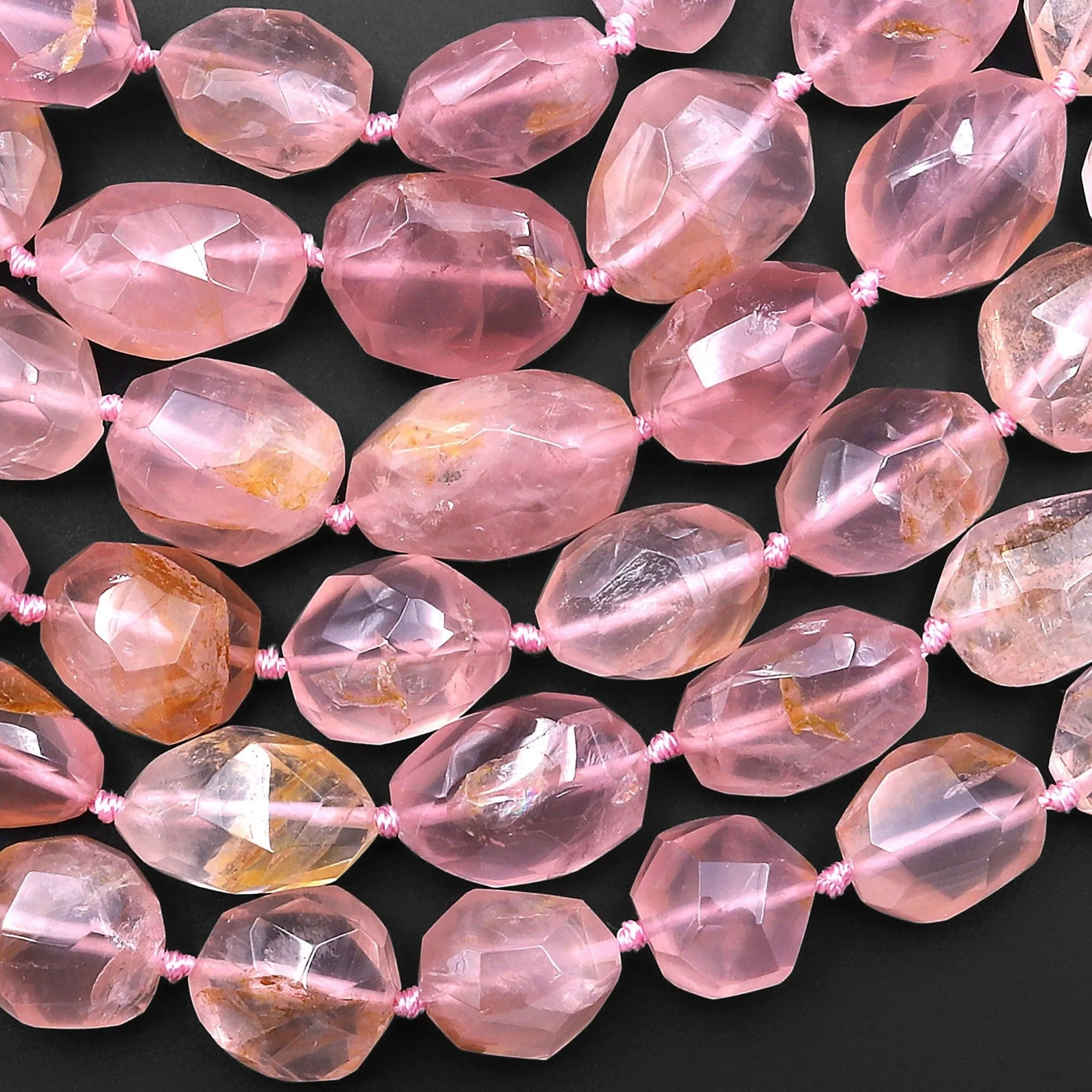 AAA Faceted Natural Rose Quartz Nugget Beads Pink Gemstone From Madagascar 15.5" Strand