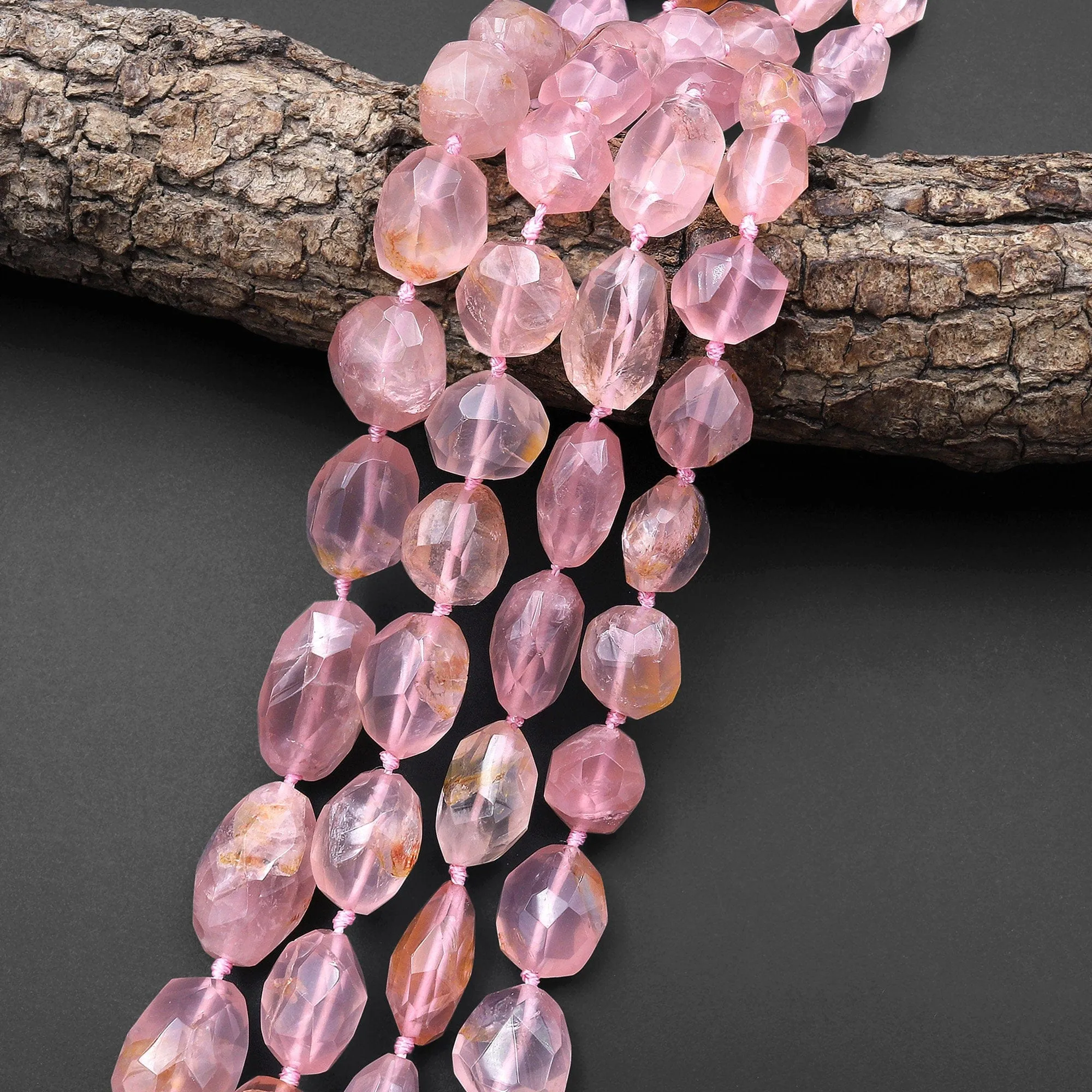 AAA Faceted Natural Rose Quartz Nugget Beads Pink Gemstone From Madagascar 15.5" Strand