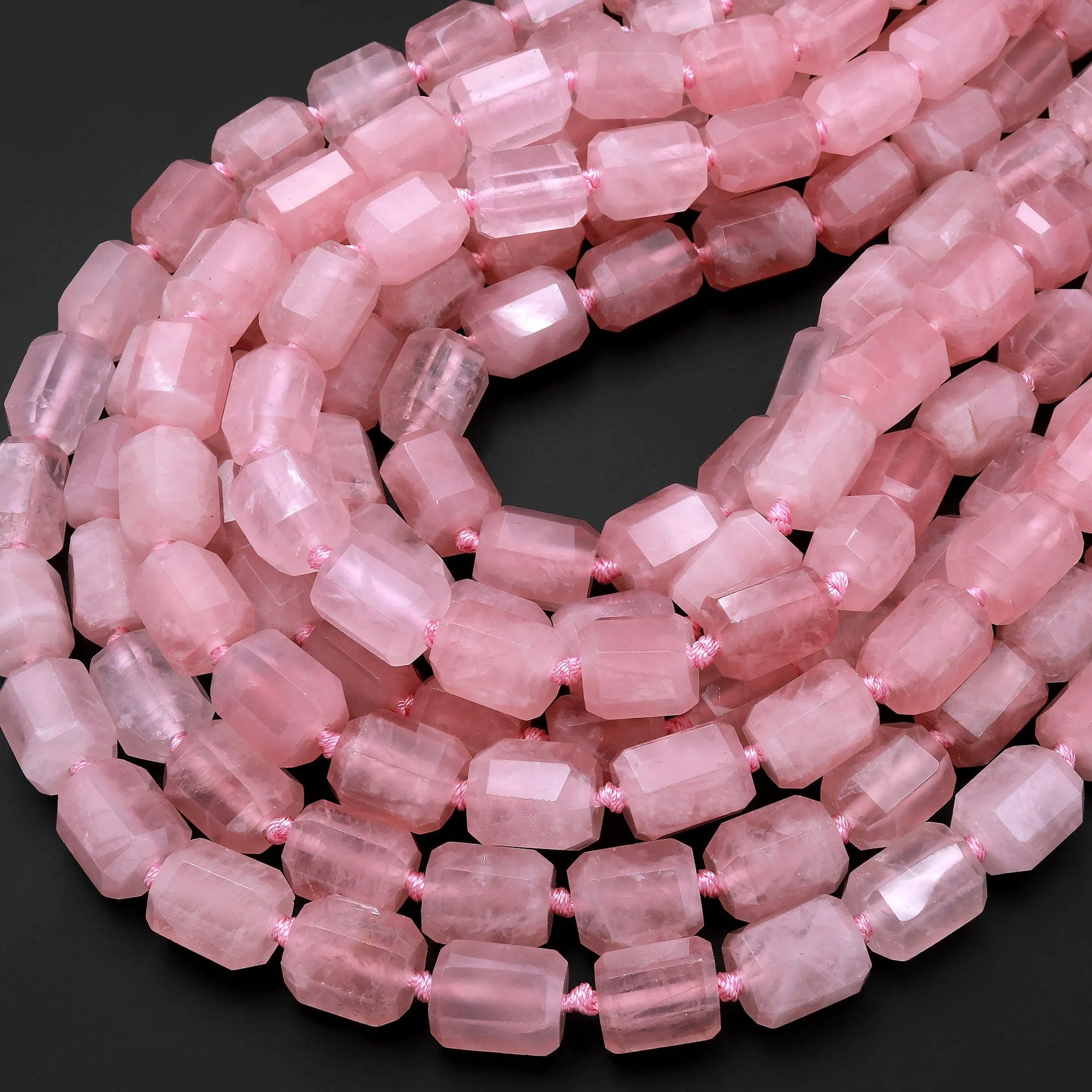 AAA Large Faceted Natural Rose Quartz Tube Rectangle Beads Pink Gemstone Cylinder 15.5" Strand