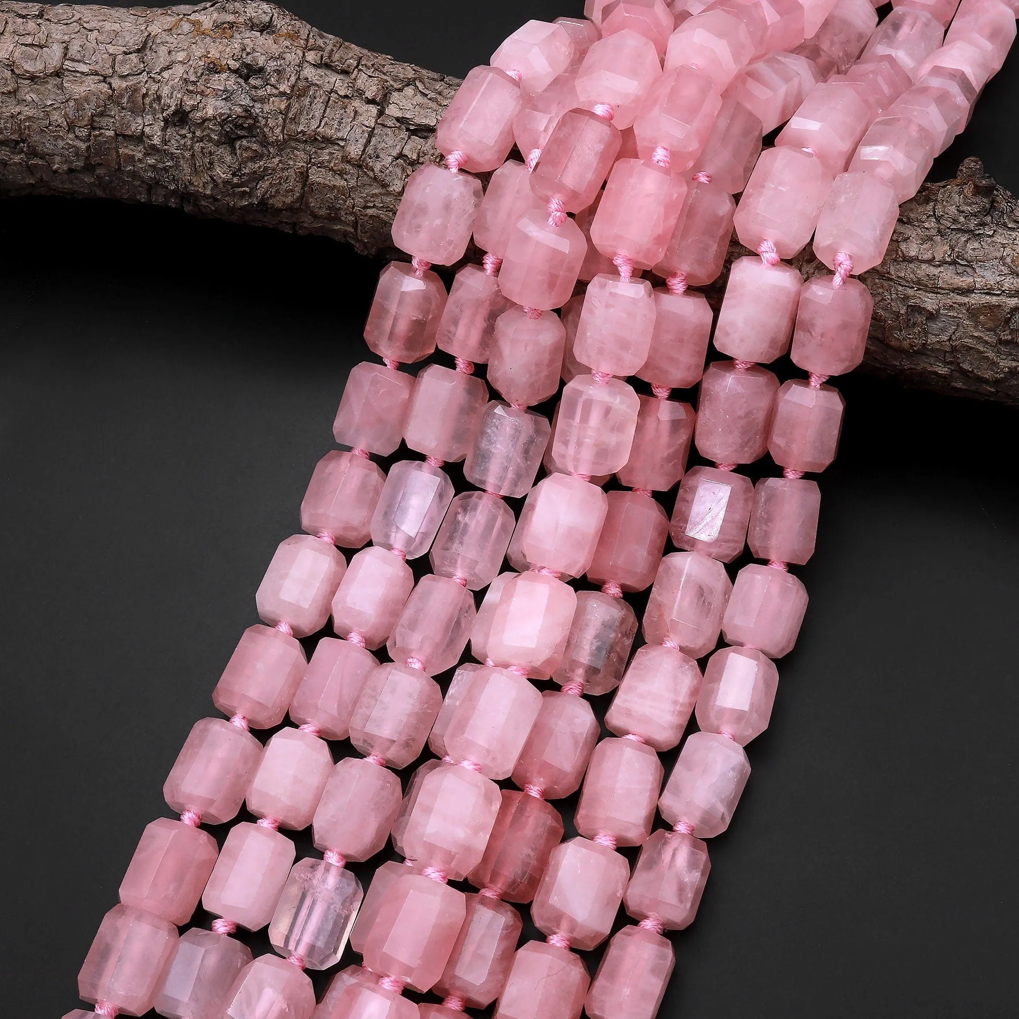 AAA Large Faceted Natural Rose Quartz Tube Rectangle Beads Pink Gemstone Cylinder 15.5" Strand