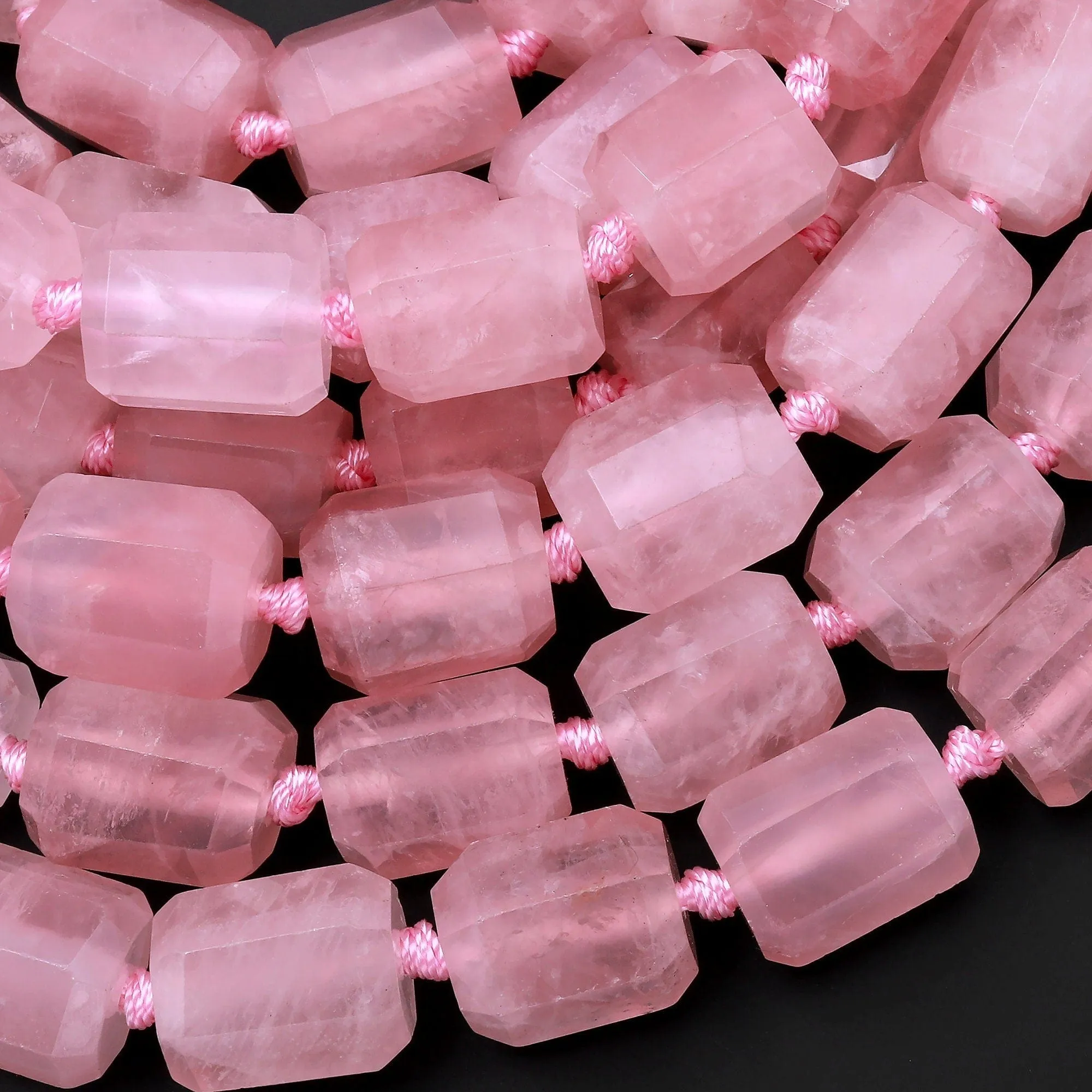 AAA Large Faceted Natural Rose Quartz Tube Rectangle Beads Pink Gemstone Cylinder 15.5" Strand