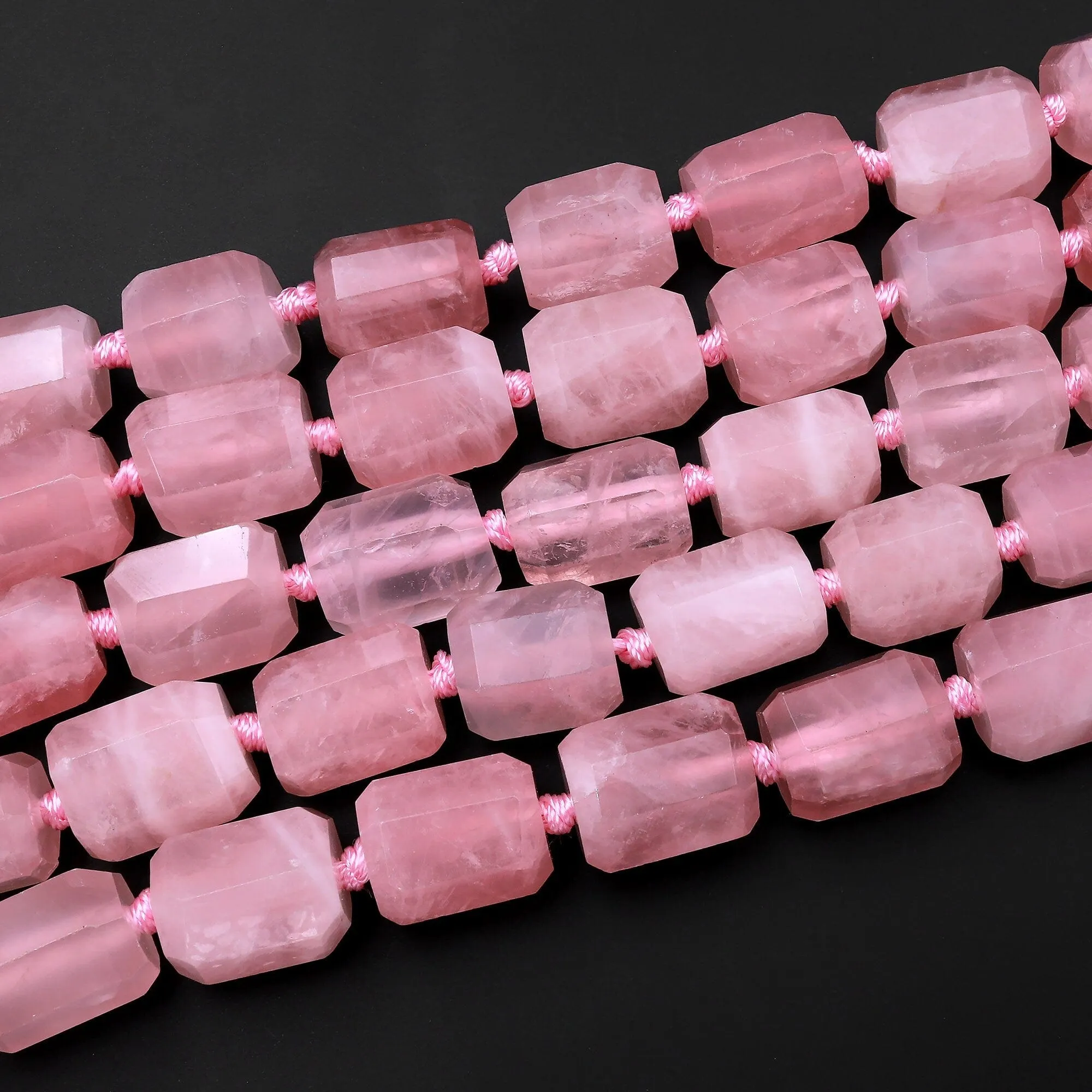 AAA Large Faceted Natural Rose Quartz Tube Rectangle Beads Pink Gemstone Cylinder 15.5" Strand