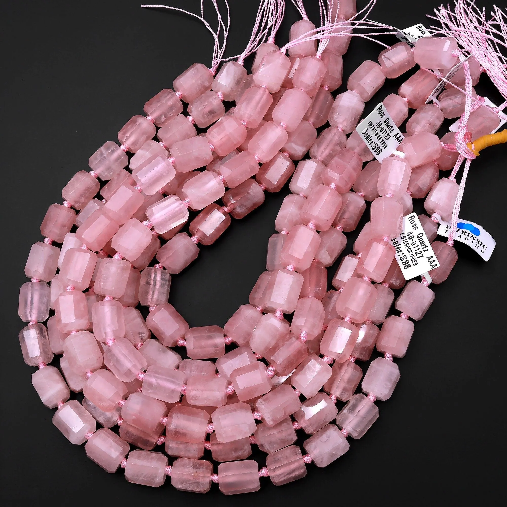 AAA Large Faceted Natural Rose Quartz Tube Rectangle Beads Pink Gemstone Cylinder 15.5" Strand