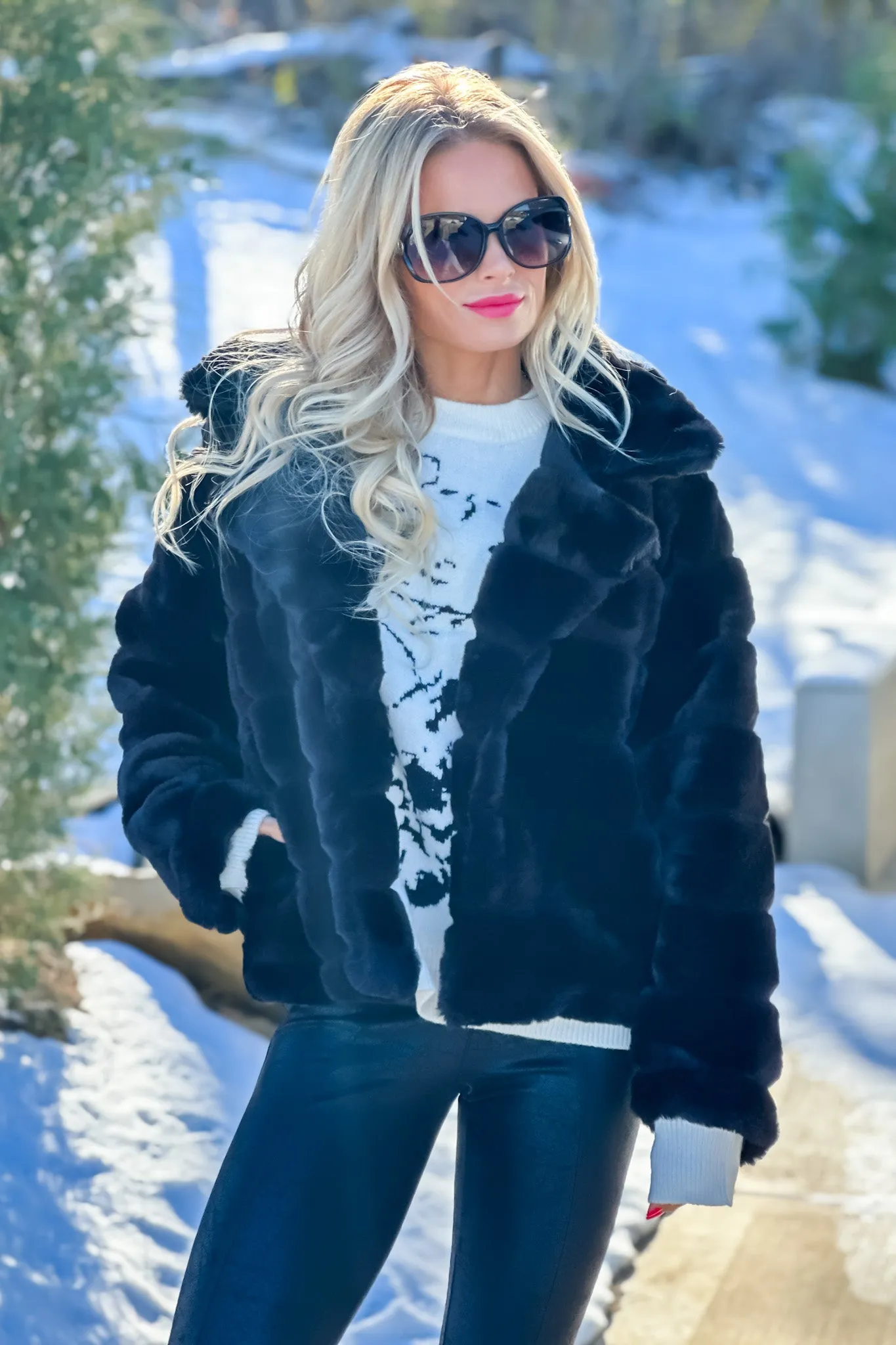 After The Slopes Open Front Faux Fur Jacket : Black