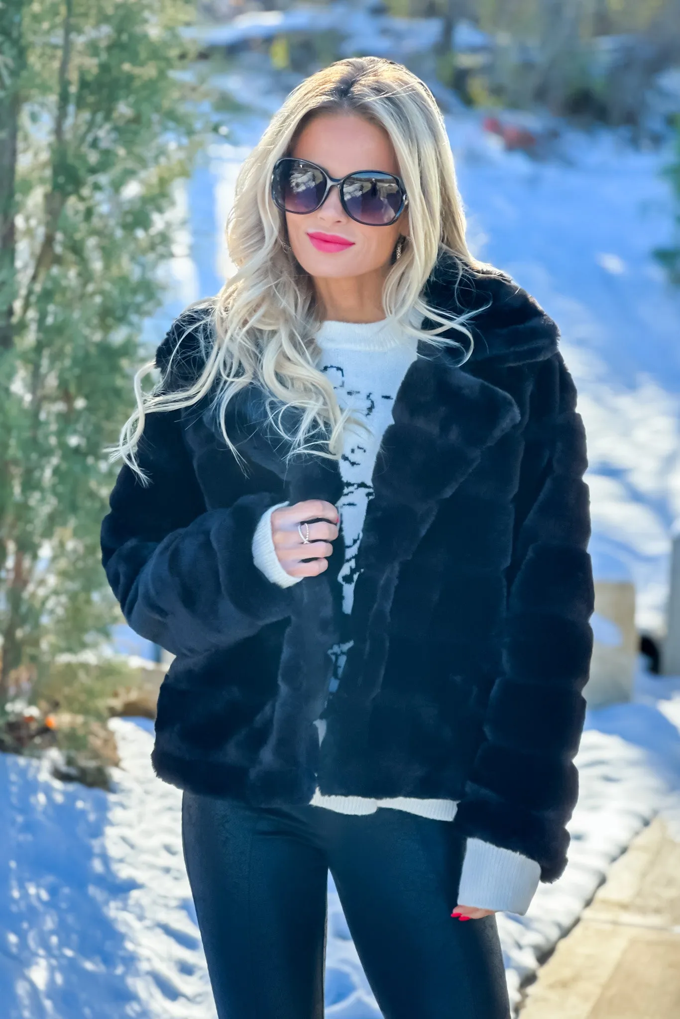 After The Slopes Open Front Faux Fur Jacket : Black