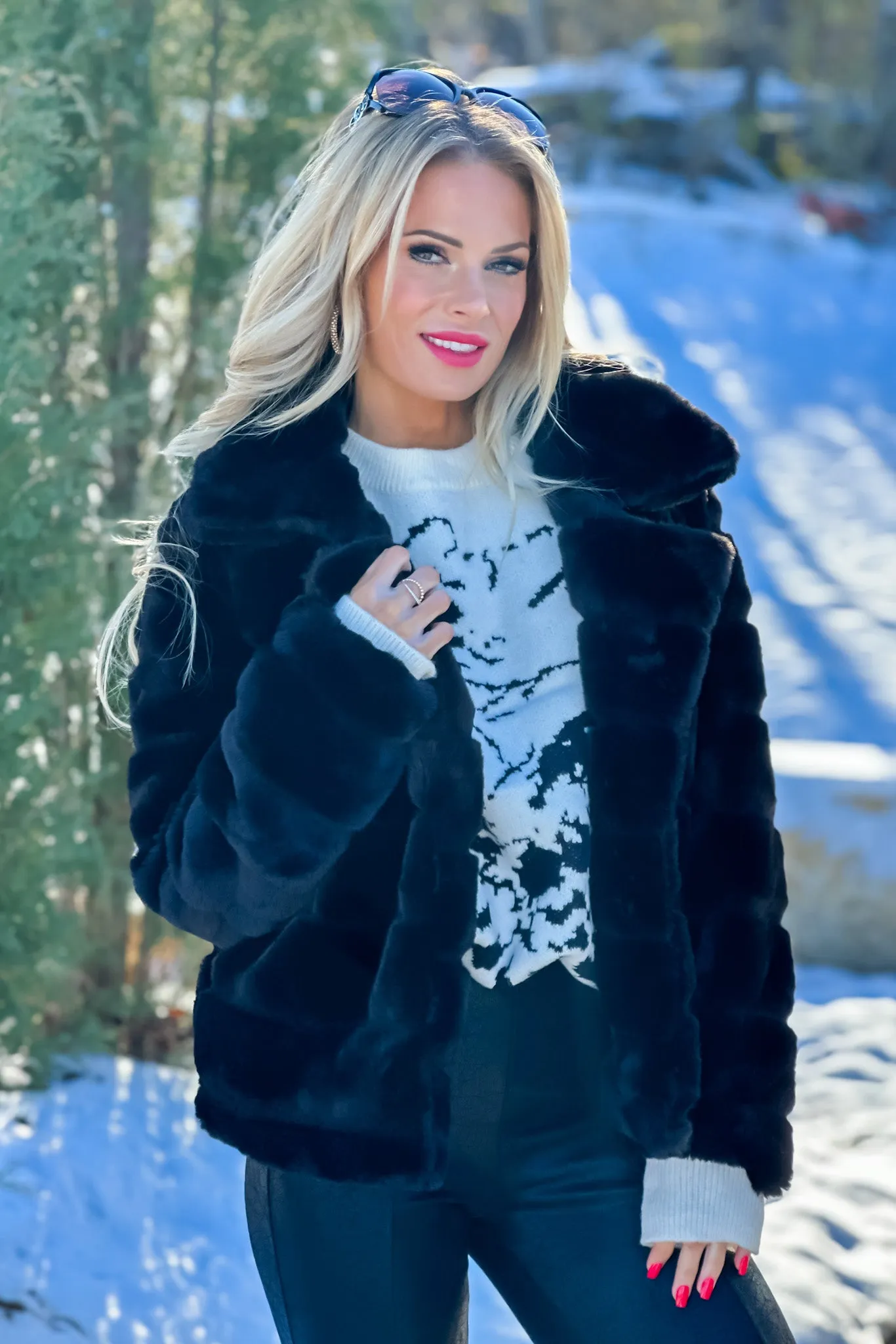 After The Slopes Open Front Faux Fur Jacket : Black