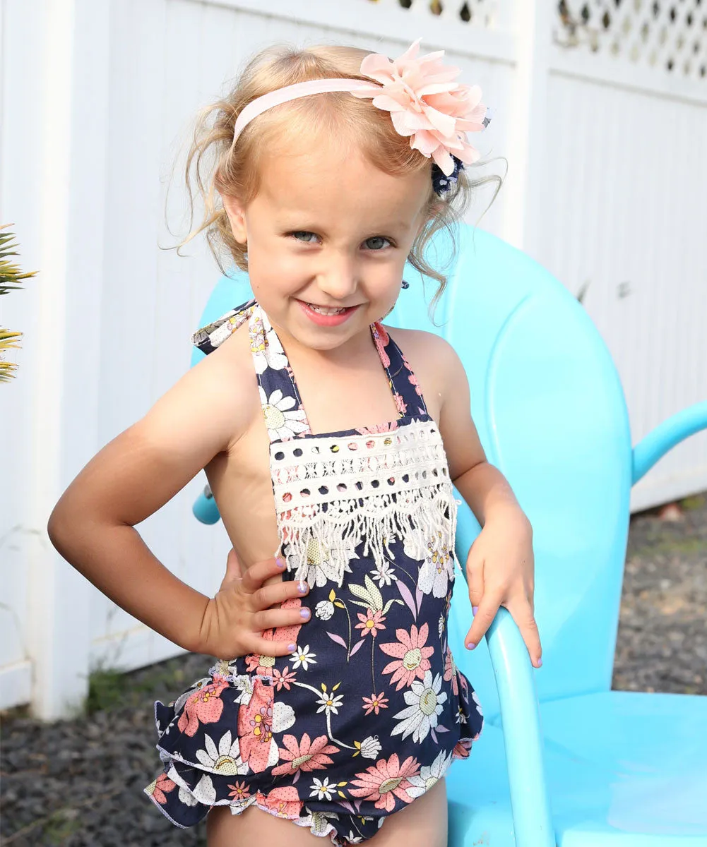 Baby Girl Navy Floral Romper With Peach Flowers and Lace Trim