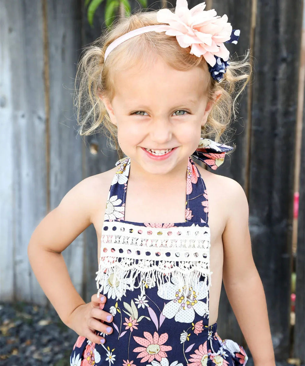 Baby Girl Navy Floral Romper With Peach Flowers and Lace Trim