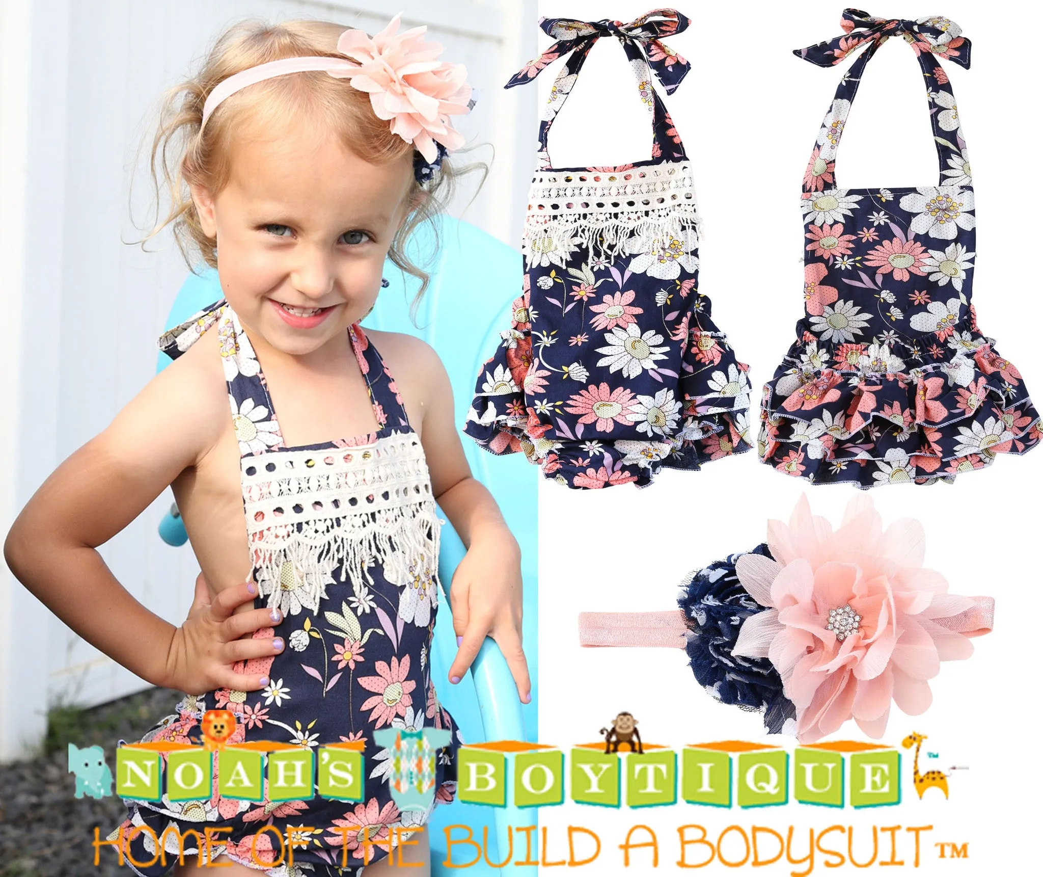 Baby Girl Navy Floral Romper With Peach Flowers and Lace Trim