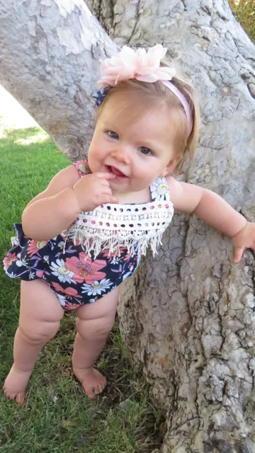 Baby Girl Navy Floral Romper With Peach Flowers and Lace Trim