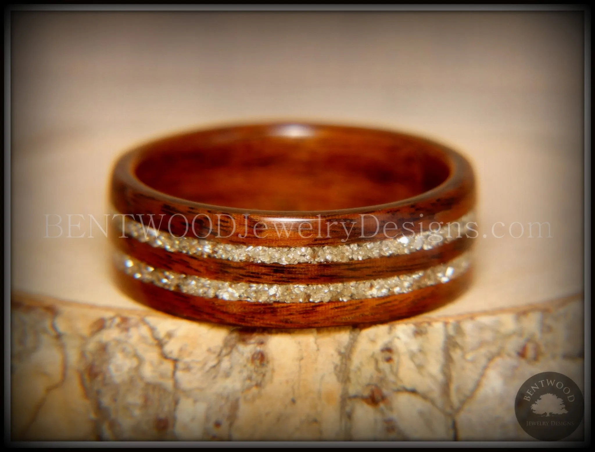 Bentwood Ring - S. American Rosewood Wooden Ring with Double German Silver Glass Inlay