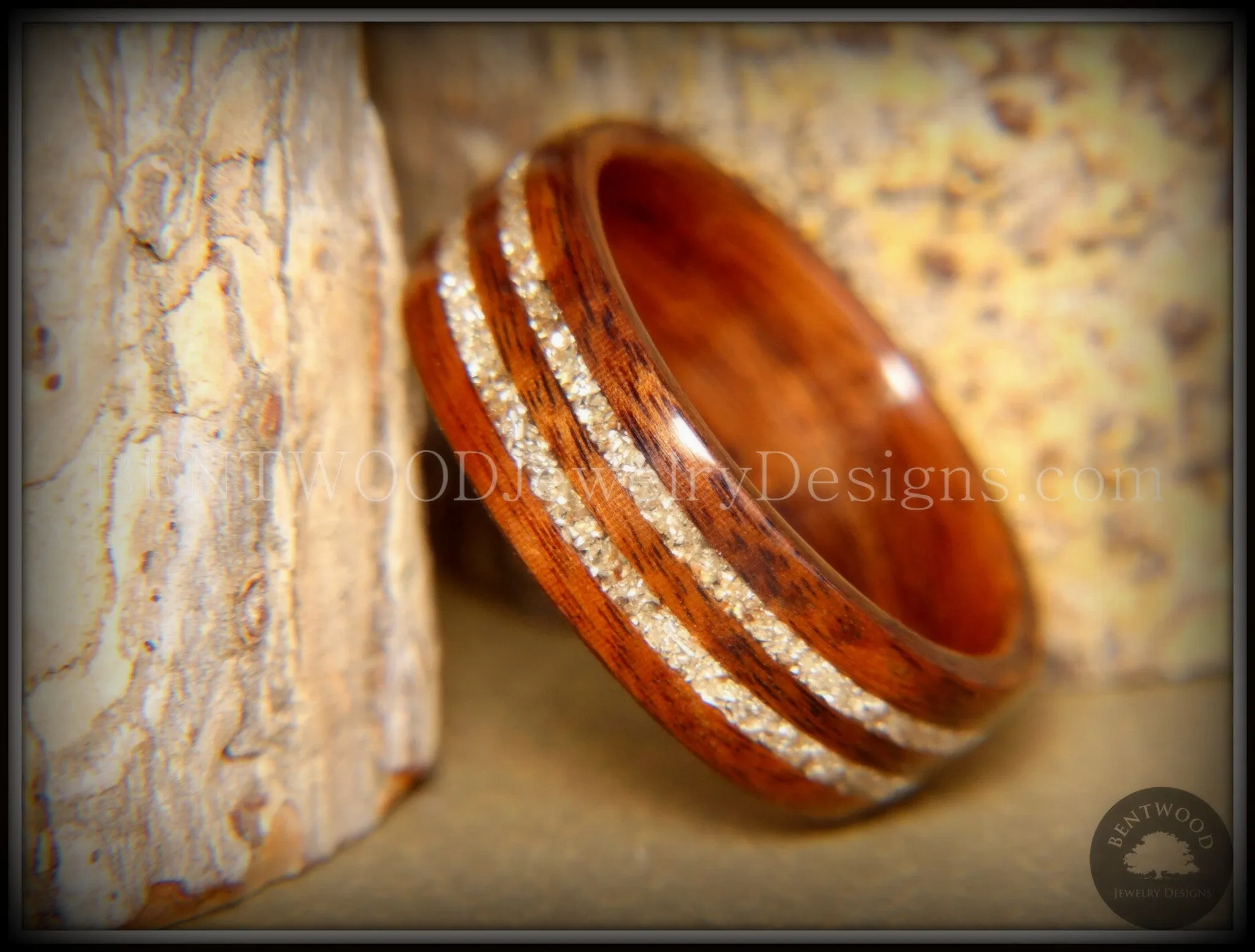 Bentwood Ring - S. American Rosewood Wooden Ring with Double German Silver Glass Inlay