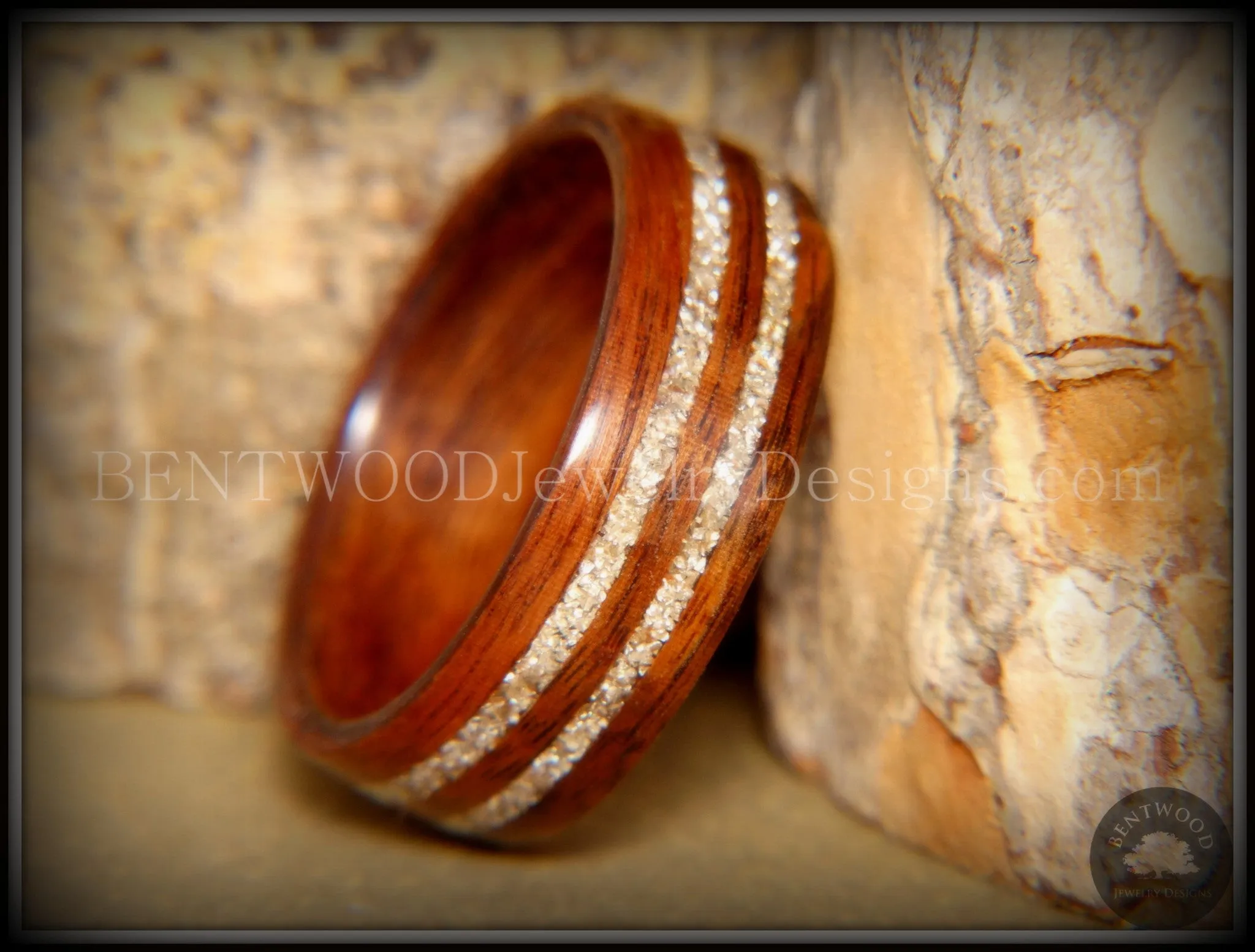 Bentwood Ring - S. American Rosewood Wooden Ring with Double German Silver Glass Inlay