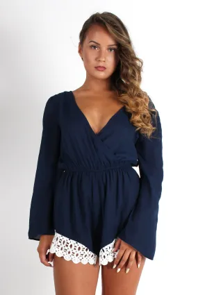 Betsy Navy V Front Crochet Trim Playsuit