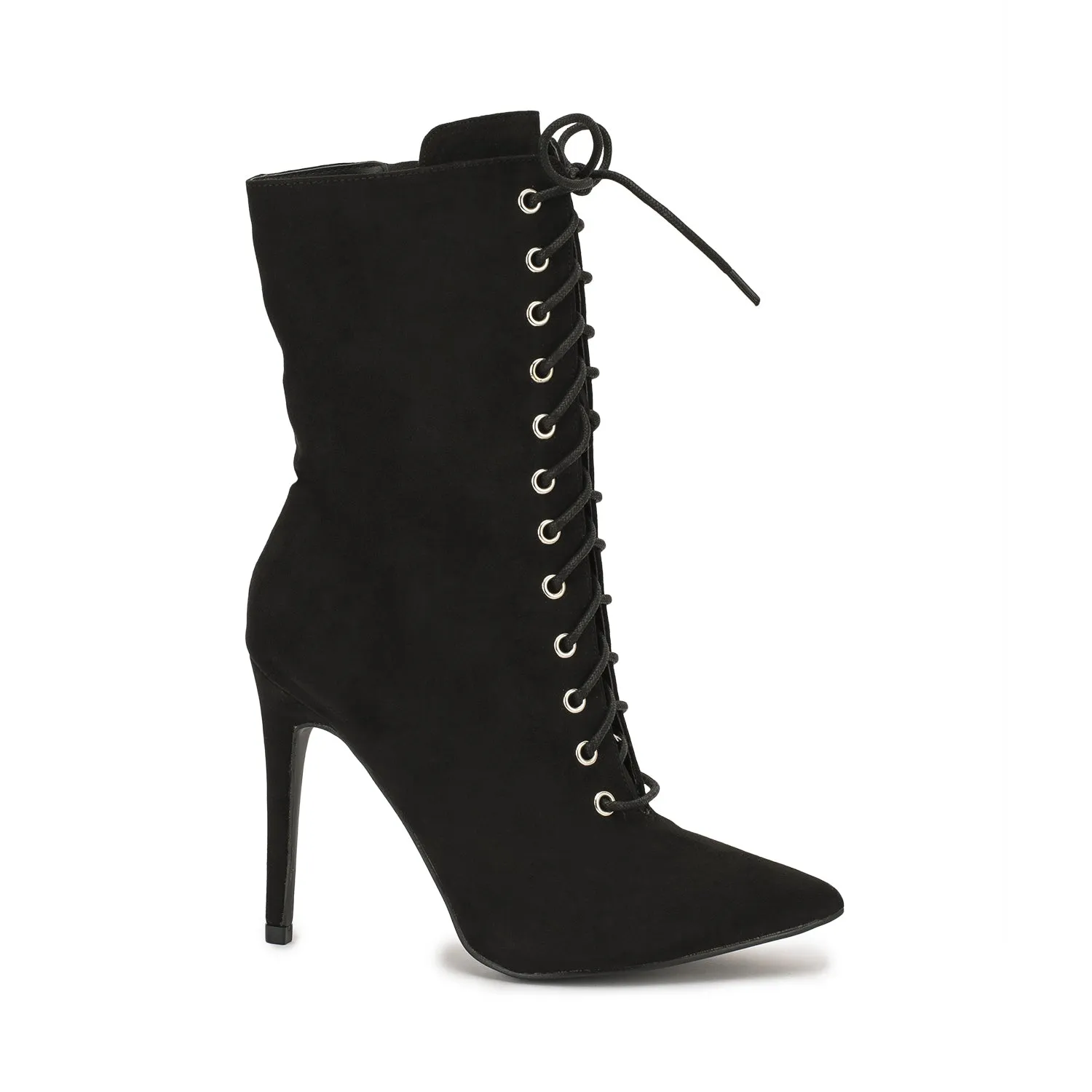 Black Faux Suede Stiletto Lace Up Ankle Boots