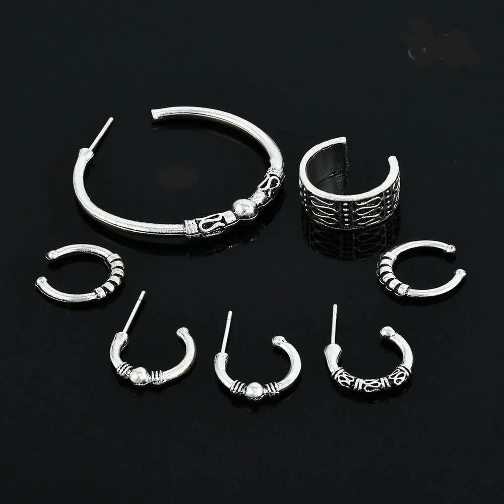 Bohemian Retro Style Silver Ear Clip Stud Hoop Earring Set