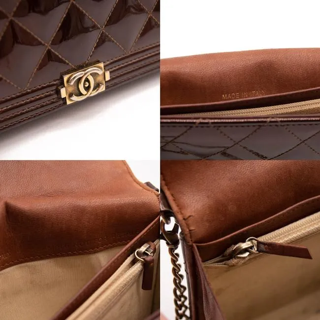 Chanel Wallet on Chain Boy Calfskin Quilted Woc Brown Patent Leather Shoulder Bag