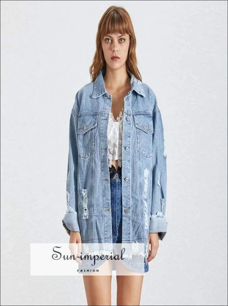 Cool it off Jacket - Autumn Denim Jacket for Women Lapel Collar Long Sleeve Ripped Hole Coat