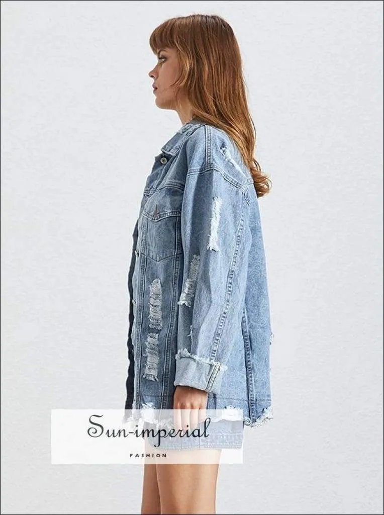 Cool it off Jacket - Autumn Denim Jacket for Women Lapel Collar Long Sleeve Ripped Hole Coat