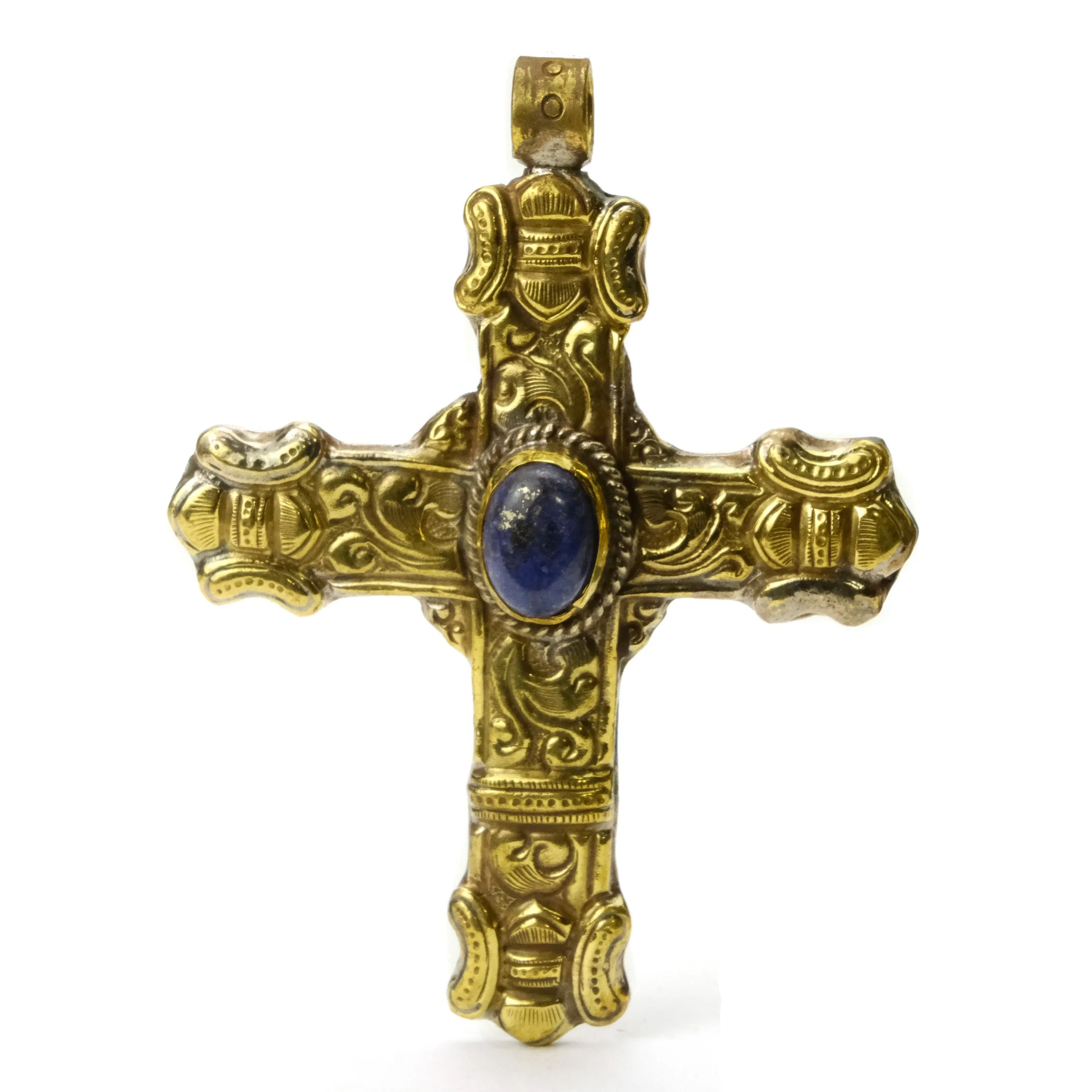 Cross Baroque Style with Lapis Lazuli Cabochon Pendant Gold Brass Large