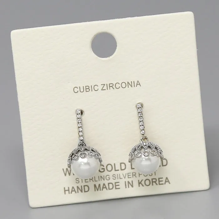 CZ Pave Bar With Pearl Drop Earrings