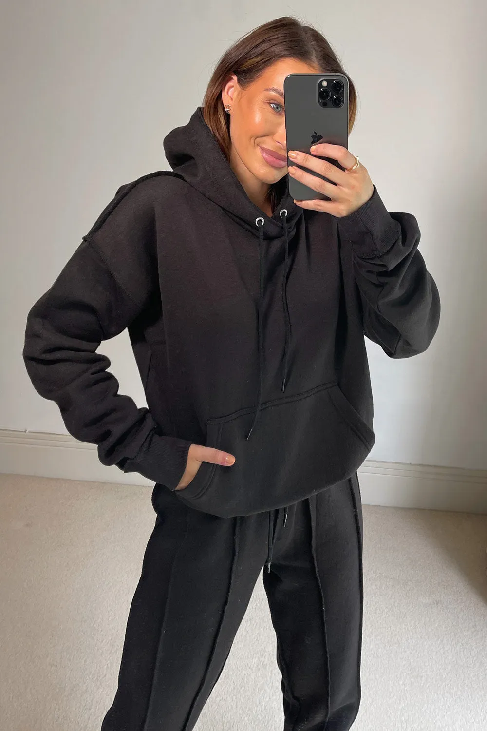 Danielle Black Exposed Seam Hoodie and Joggers Tracksuit Set