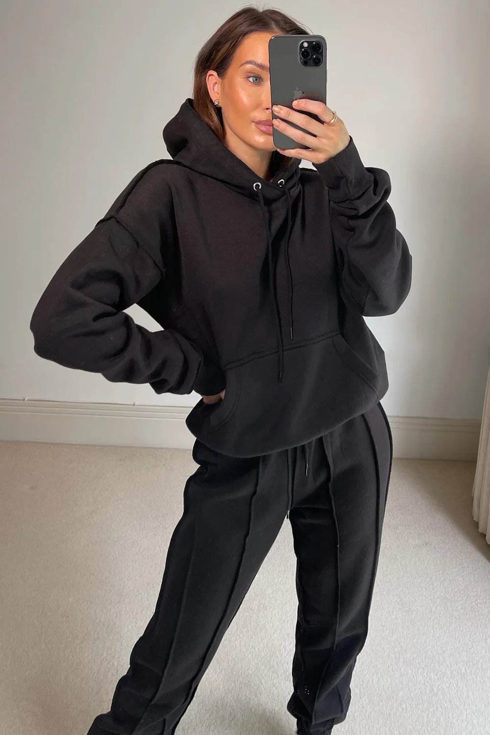 Danielle Black Exposed Seam Hoodie and Joggers Tracksuit Set