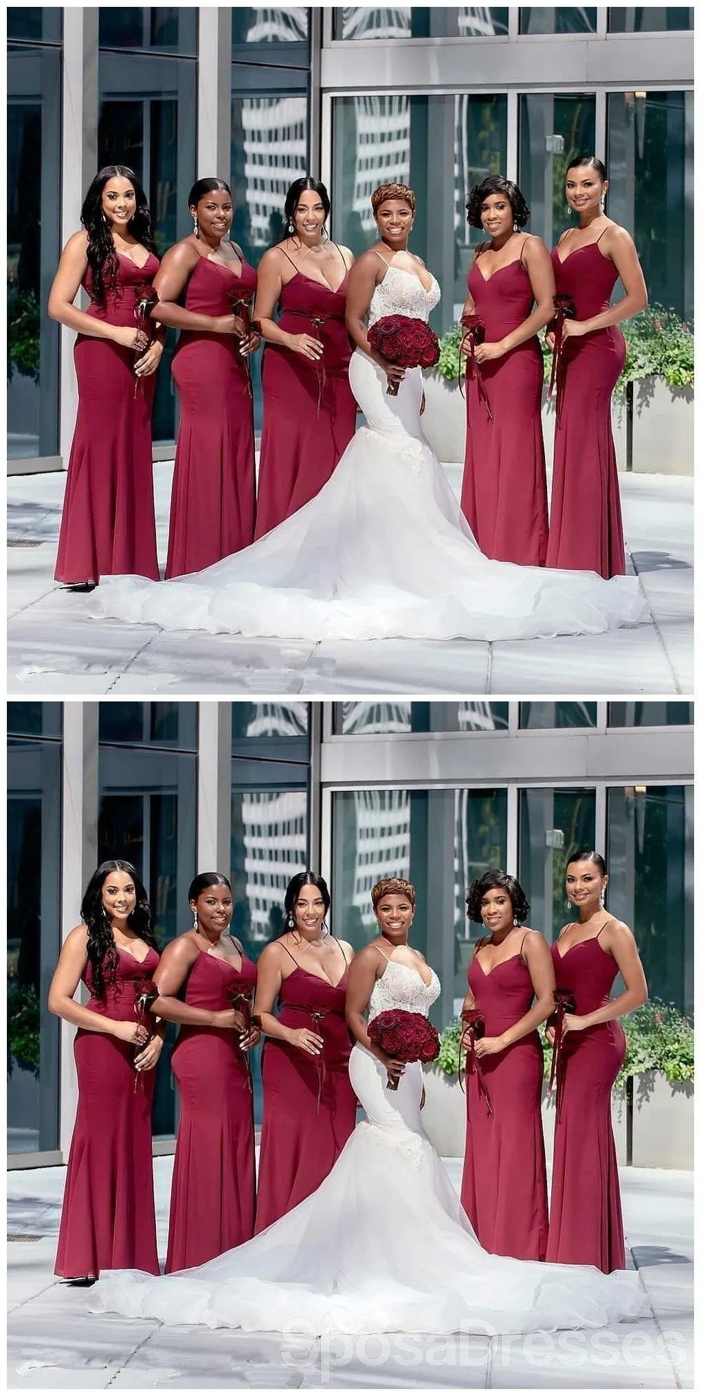 Dark Red Spaghetti Straps Mismatched Mermaid Bridesmaid Dresses Online, WG660