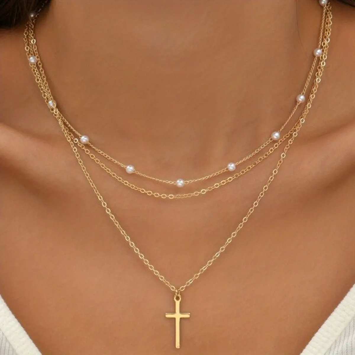 Delicate Faux Pearl Chain Cross Pendant Necklace Multi-style Neck Jewelry Accessories Gift