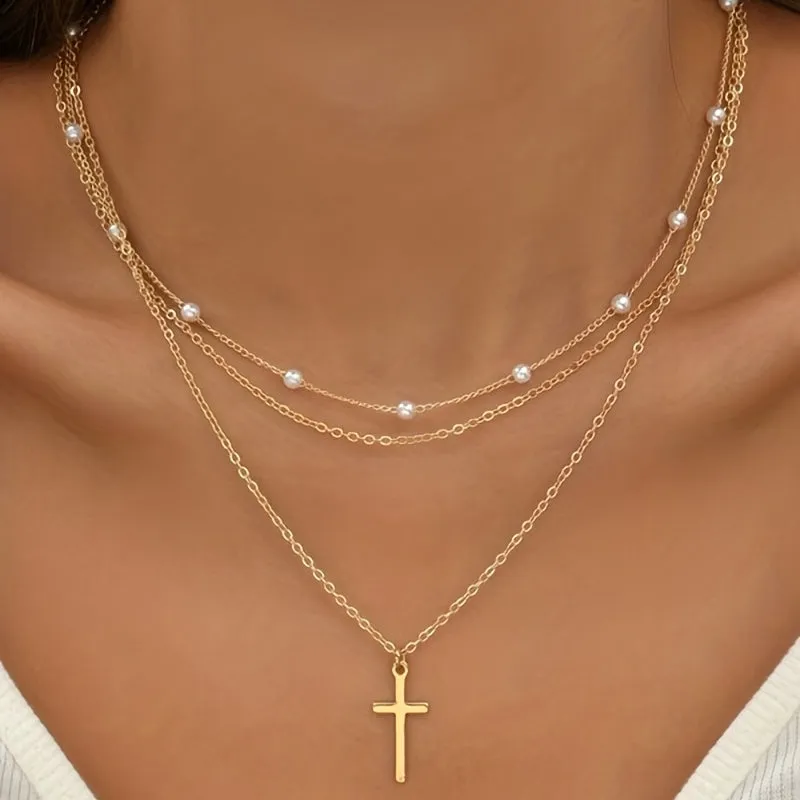 Delicate Faux Pearl Chain Cross Pendant Necklace Multi-style Neck Jewelry Accessories Gift