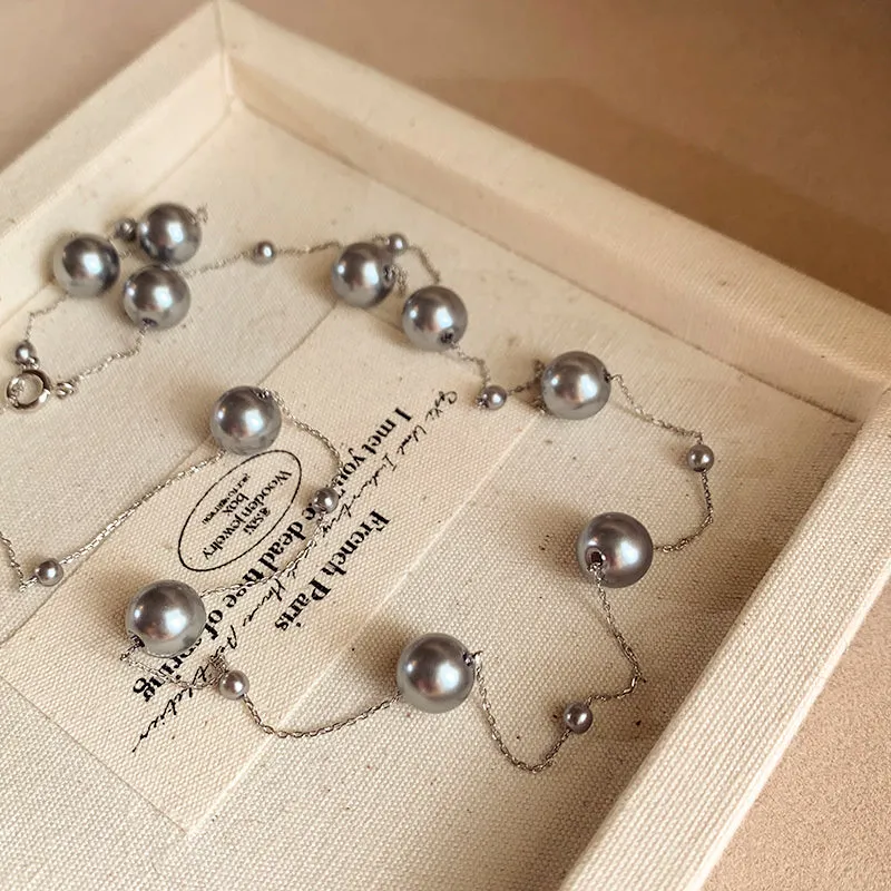 Ethereal Pearl Cascade,Transformative Silver Gray Necklace-i7bags