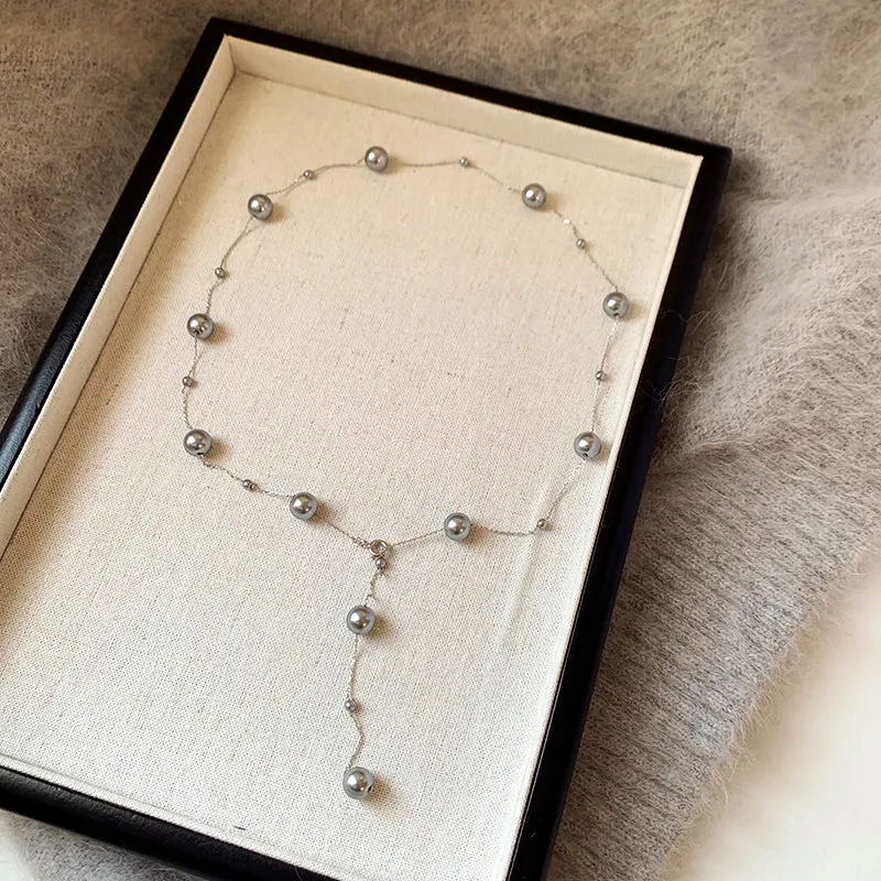 Ethereal Pearl Cascade,Transformative Silver Gray Necklace-i7bags