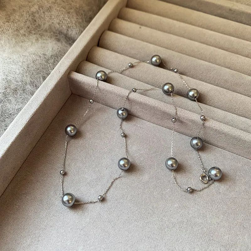 Ethereal Pearl Cascade,Transformative Silver Gray Necklace-i7bags