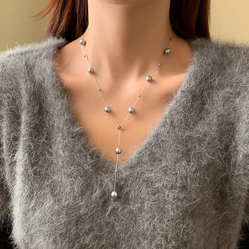 Ethereal Pearl Cascade,Transformative Silver Gray Necklace-i7bags