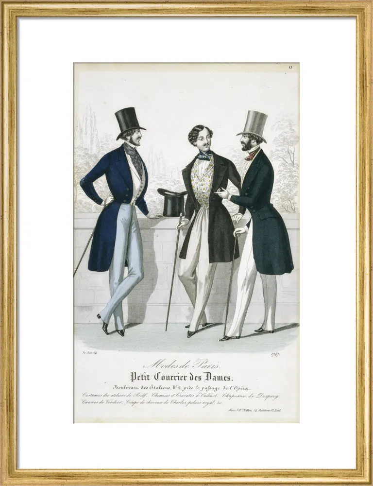 Fashion plate from Januray 1841 Modes de Paris showing gentlemen's frock coats, waistcoats and trousers