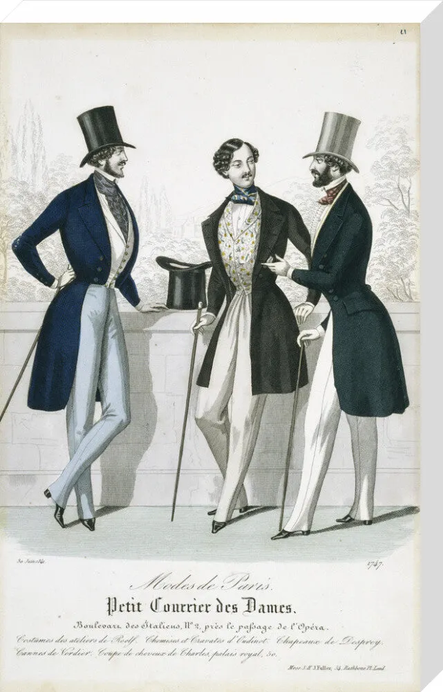 Fashion plate from Januray 1841 Modes de Paris showing gentlemen's frock coats, waistcoats and trousers