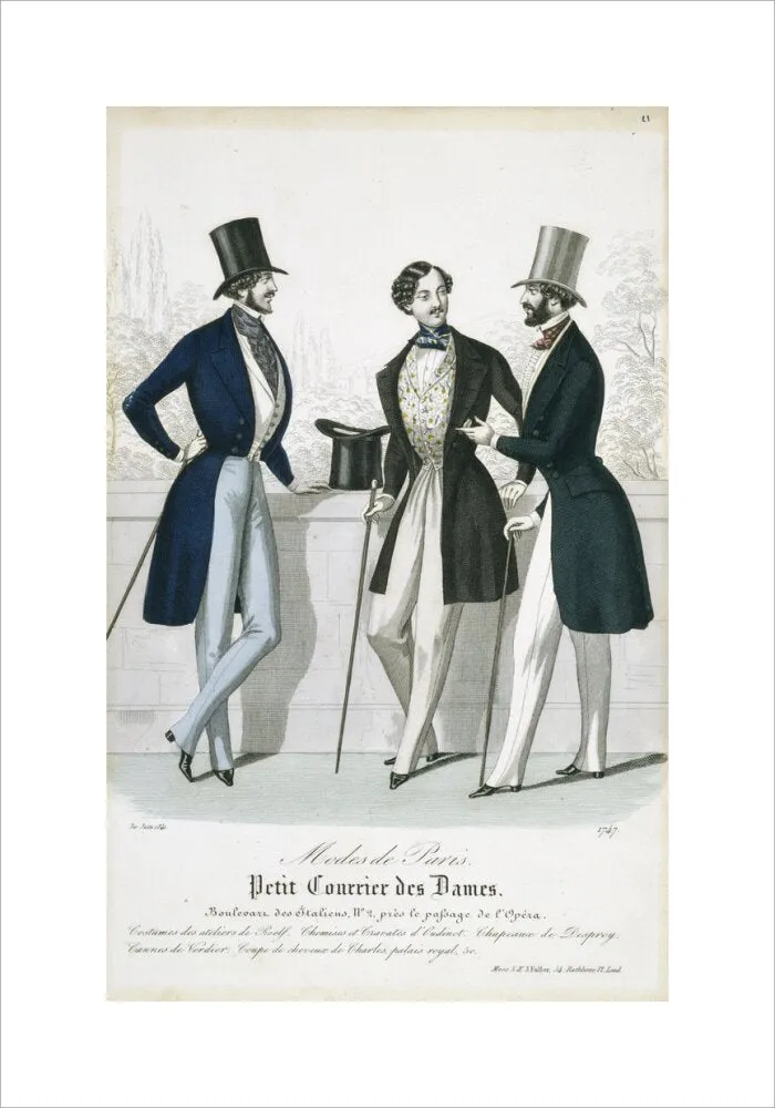 Fashion plate from Januray 1841 Modes de Paris showing gentlemen's frock coats, waistcoats and trousers