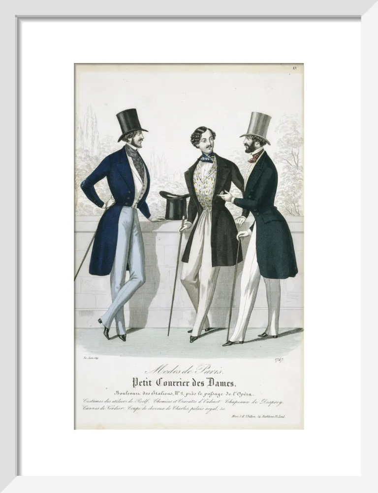 Fashion plate from Januray 1841 Modes de Paris showing gentlemen's frock coats, waistcoats and trousers