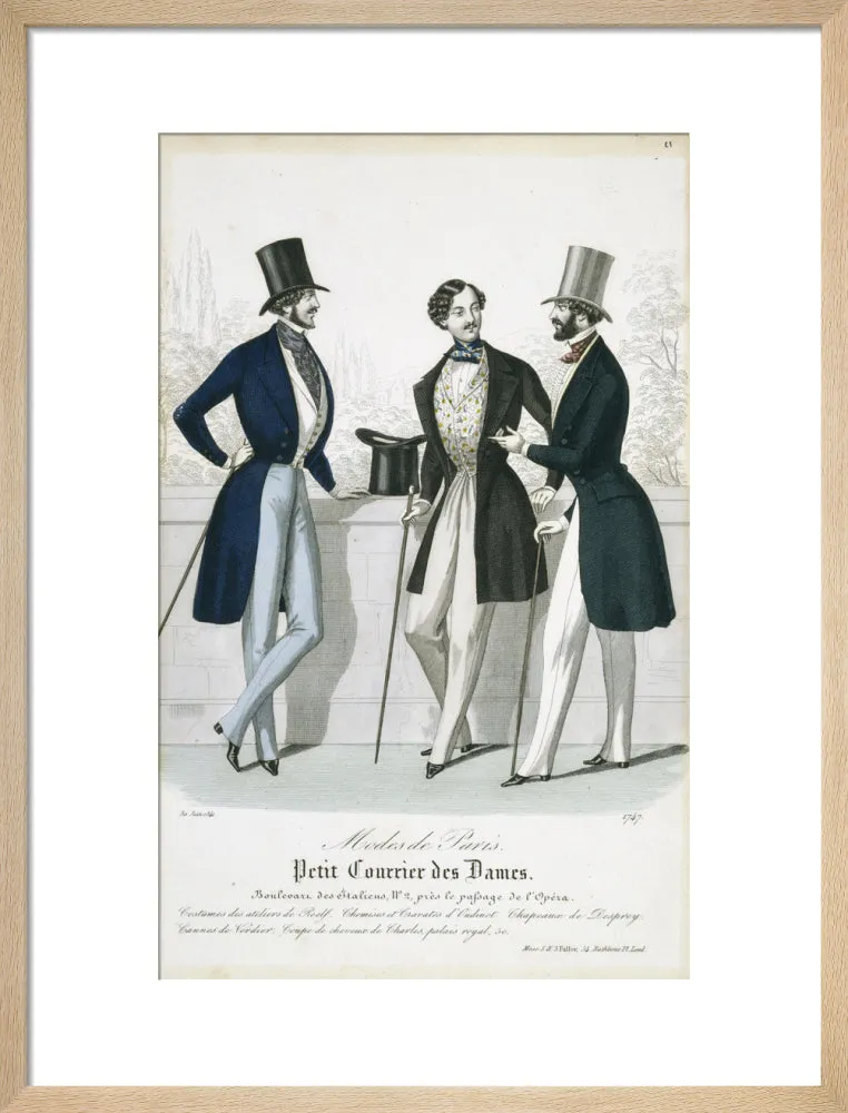 Fashion plate from Januray 1841 Modes de Paris showing gentlemen's frock coats, waistcoats and trousers