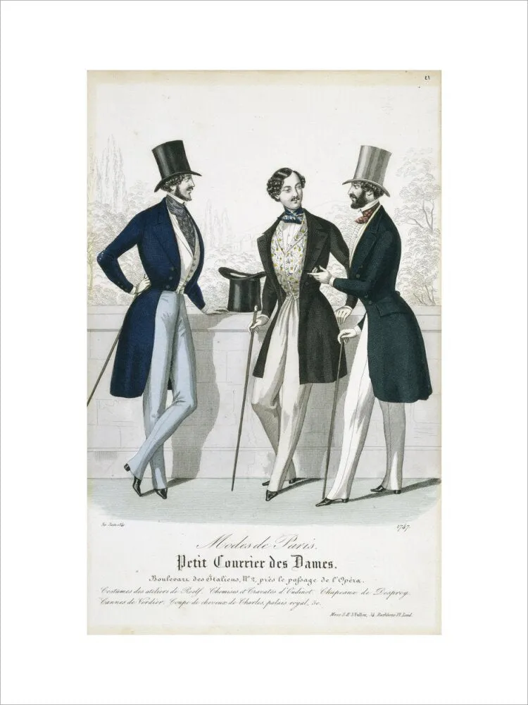 Fashion plate from Januray 1841 Modes de Paris showing gentlemen's frock coats, waistcoats and trousers