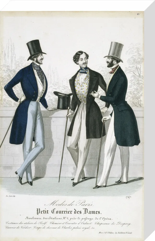 Fashion plate from Januray 1841 Modes de Paris showing gentlemen's frock coats, waistcoats and trousers