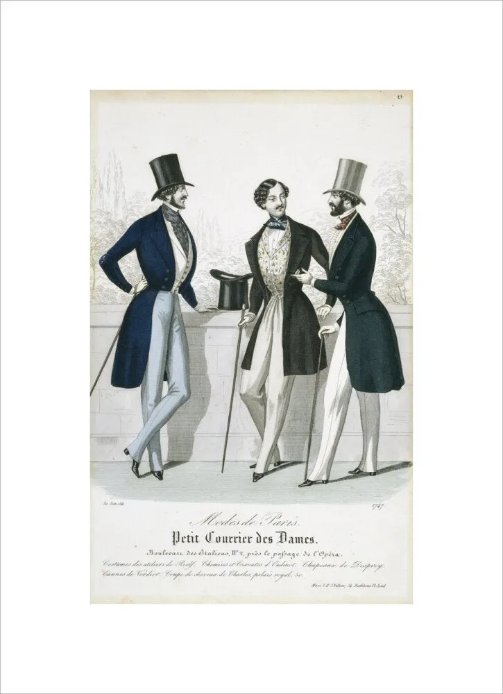 Fashion plate from Januray 1841 Modes de Paris showing gentlemen's frock coats, waistcoats and trousers